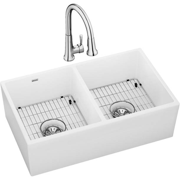 Elkay Fireclay 19.93'' W Double Bowl Fireclay Farmhouse Kitchen Sink ...